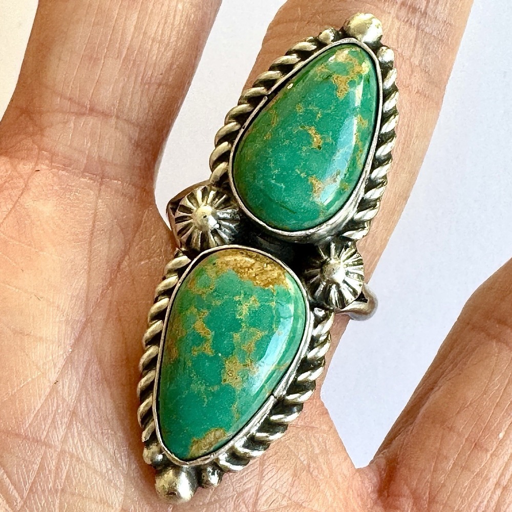 Navajo Turquoise‎ Ring Two Stone Size 8.5 Signed Shakey Long Sterling